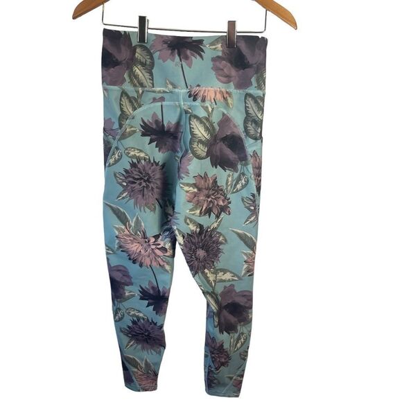 Marika Aqua Green Floral Print Crop Tummy Control Leggings Sz M - Picture 1 of 7